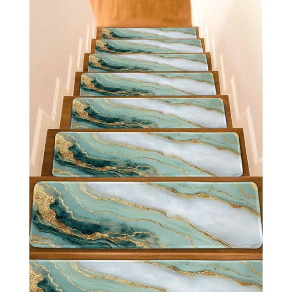 Green Gold Marble Stair Treads Luxury Gorgeous Ocean Abstract Indoor Non Slip Peel and Stick Stair Treads for Wooden Steps 10 PCS, Soft Adhesive Staircase Mats Runner Rugs 8"x30"