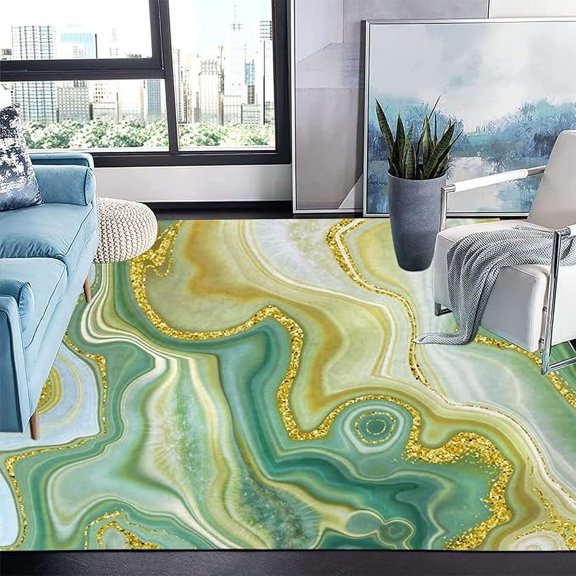 Green Gold Marble Swirl Area Rug, Modern Abstract Rugs With Anti-Slip Backing Durable For Living Room Bedroom Dining Room 2 x 3ft