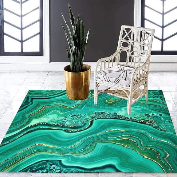 Green Gold Marble Swirl Area Rugs Chic Boho Modern Abstract Rug For Living Room Bedroom Washable Soft Carpet Under Dining Coffee Table Lux Home Office Floor Mat 4 x 5ft