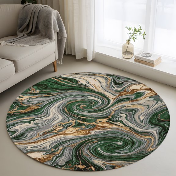 Green Gold Marble Swirl Fluid Pattern Round Rug 3ft Agate Stone Texture Washable Area Rugs for Living Room Bedroom Entryway Non Slip Entrance Door Mat Indoor Floor Carpet