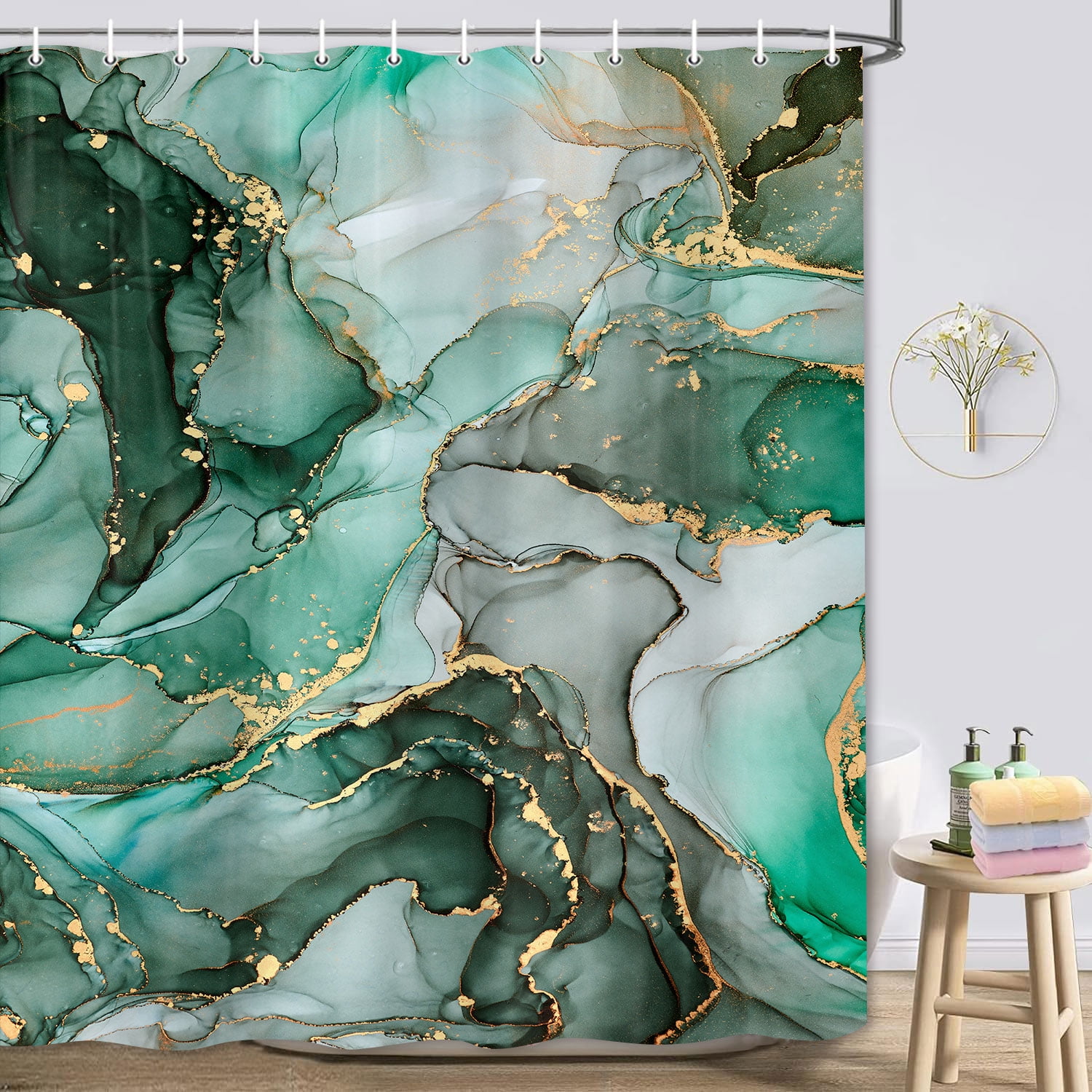 Green Gold Marble Watercolor Shower Curtain - Modern Ink Art Decor Fabric Bath Set with Hooks, 60x72 Inch, Abstract Texture Bathroom