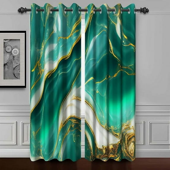 Green Gold Marble Window Curtains For Bedroom Art Fluid Golden Texture Drapes Living Room Luxury Modern Design Grommets Blackout Curtain 53"W x 84"L (Pack of 2)
