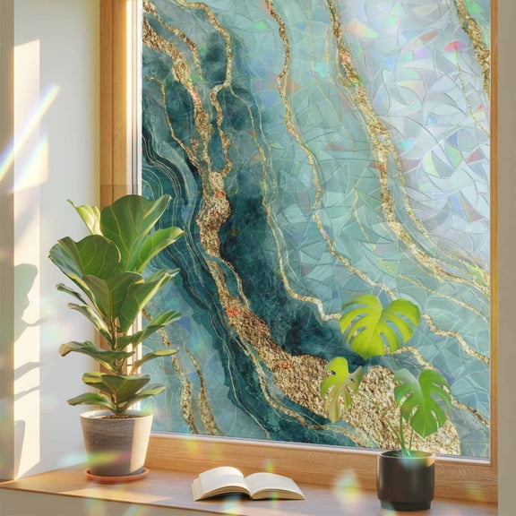 Green Gold Marble Window Privacy Film, Luxury Gorgeous Ocean Abstract Stained Glass Rainbow Film Decorative Window Clings, Static Cling Sun Blocking Stickers 17.7" x 39.3"