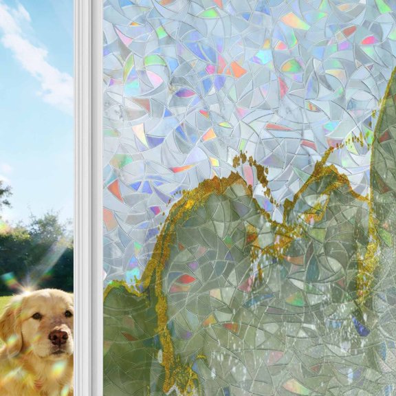 Green Gold Marble Window Privacy Film Stain Glass,Reusable Decorative Rainbow Window Film,Modern Abstract Marble Crack Texture Static Cling Sun Blocking Stickers Decals Covers 17.7" x 39.3" (2pcs)