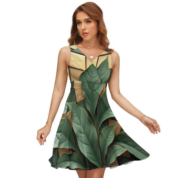 Green Gold Modern Art Dress Fashion Beach Long Dresses Female Party Printed Sundress