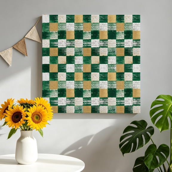 Green Gold Mosaic Canvas Wall Art, Rustic Abstract Checkerboard Grids Framed Canvas Wall Decor Picture Print Artwork Decorations for Living Room Office Ready to Hang 16" x 16"