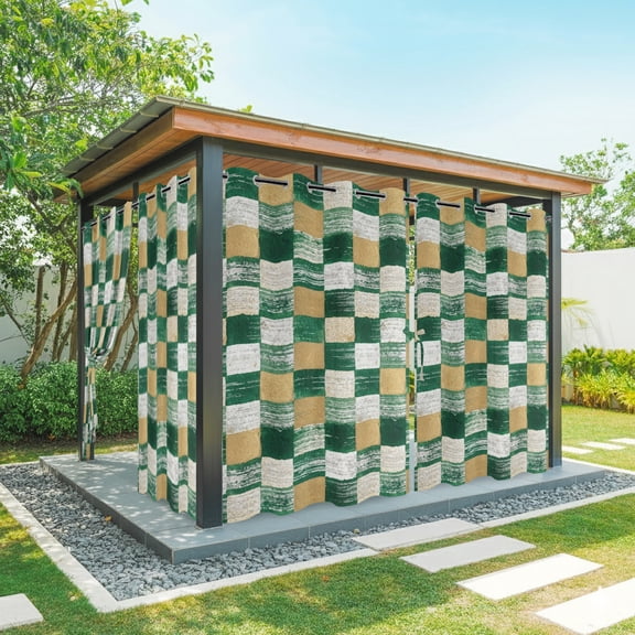 Green Gold Mosaic Outdoor Curtains for Patio, Rustic Abstract Checkerboard Grids Waterproof Outside Curtains Privacy Blackout Curtain for Porch Pergola Cabana, 2 Panel 54W x 84L Inch