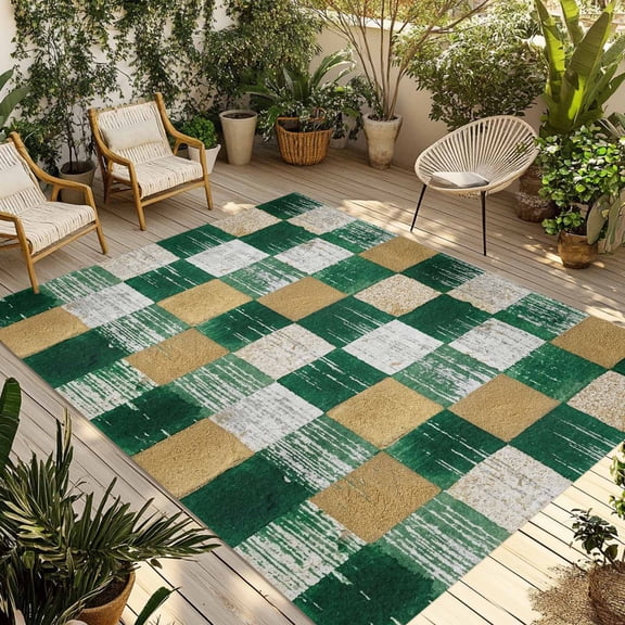 Green Gold Mosaic Outdoor Rug 4x6 ft Rustic Abstract Checkerboard Grids Non Slip Patio Rug Washable Absorbent Large Outdoor Carpet Outside Mat for Porch RV Garden Camping
