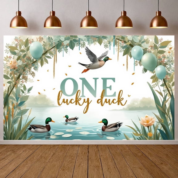 Green & Gold One Lucky Duck Banner Glitter Text Duck Party Backdrop Floral Border Lake Scene Background for 1st Birthday Party Toddler Celebration Photo Shoot