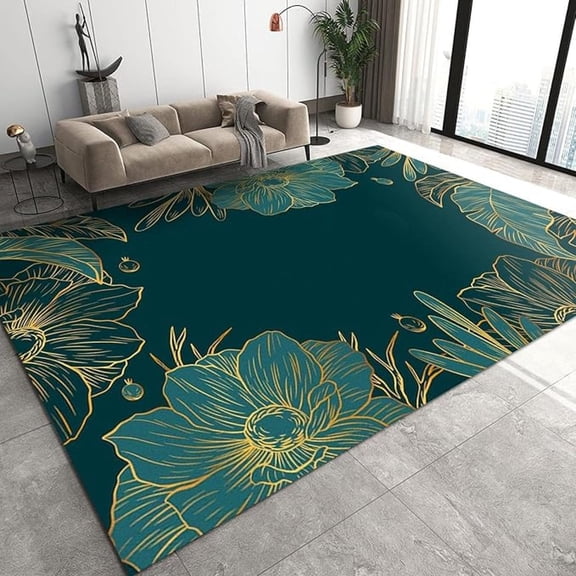 Green Gold Palm Leaves Flowers Area Rug, Emerald Green Retro Light Luxury Indoor Non-Slip Kids Rugs For Living Room Bedroom Kitchen Dining Room Home Office Floor Rug 5x8ft