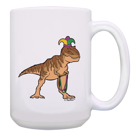 Green Gold Party Decor Mardi Gras T-Rex 15oz Ceramic Coffee Mug T-Rex