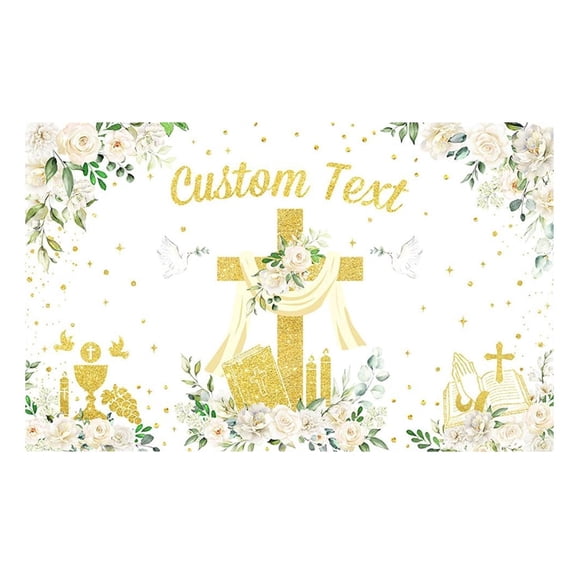 Green and Gold Party Decorations, Floral Party Decorations, 71X43 In, First Communion Backdrop, Student Baptism Photoshoot, Cake Table Covering, White, 1 Pc