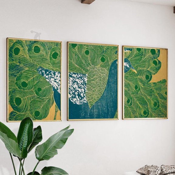 Green Gold Peacock Elegant Bird Luxurious Botanical Wall Art Set 3 Unframed Paper Print 8x12