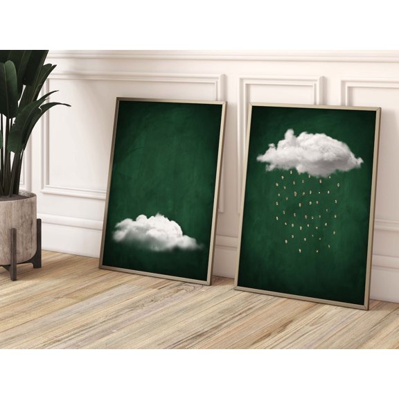Green Gold Rain Cloud Wall Art Print Set Of 2 With Emerald Bedroom Decor