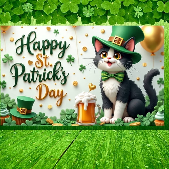 Green & Gold St. Patrick's Day Banner Character Irish Festival Display Shamrock Pattern Festive Design Clover Themed Backdrop for St. Patrick's Day Party Irish Festival Pub Celebration