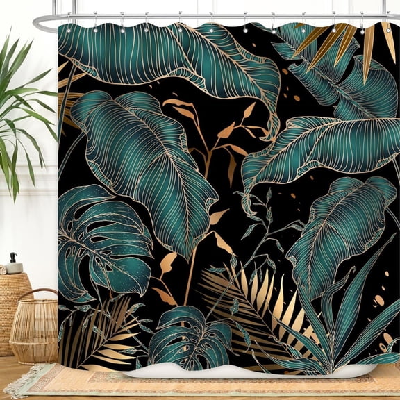 Green Gold Tropical Palm Leaves Shower Curtain Abstract Banana Leaf Modern Botanical Plant Nature Aesthetic Emerald Green Bathroom Decor Waterproof Fabric 72Lx72W Inch with Hooks