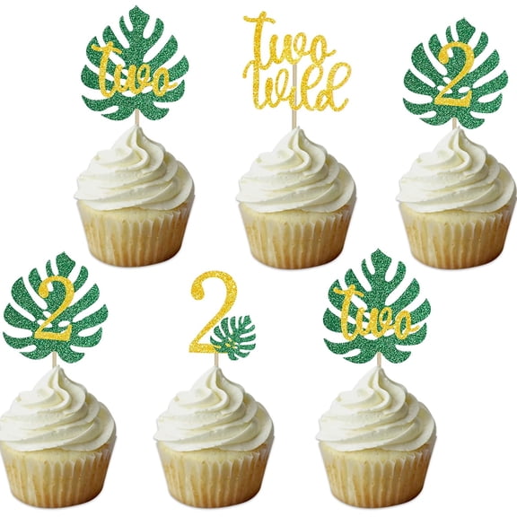 Green Gold Two Wild Tropical Leaf Cupcake Toppers 12 Count, Number 2 Palm Leaf Cupcake Picks for Wild Jungle Themed Baby 2nd Birthday Party Cake Decorations
