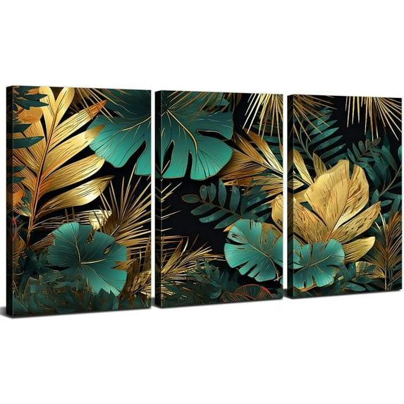Green and Gold Wall Decor Emerald Green Bathroom Decor Tropical Plants Canvas Wall Art Golden Leaves Pictures Boho Botanical Leaf Paintings Modern Artwork for Living Room Home Decorations 12x16" 3 Pcs