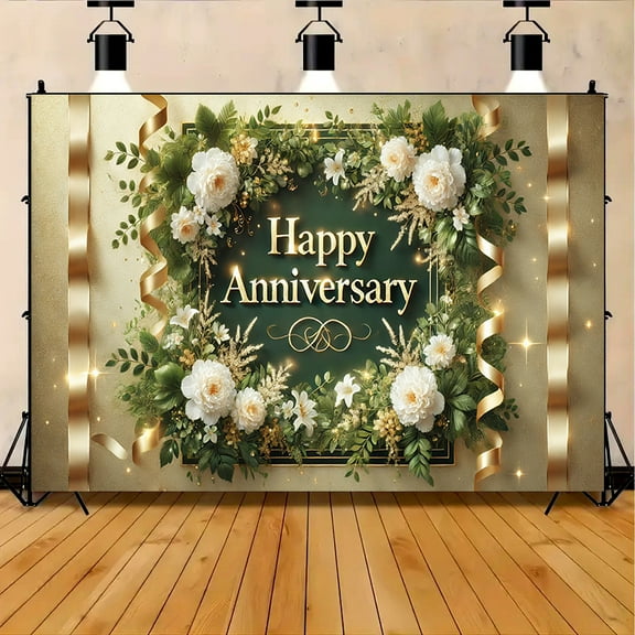 Green Golden Anniversary Backdrop White Floral Greenery Leaves Anniversary Party Decorations Background Green Gold Glitter Bridal Shower Engagement Banner Photo Booth Props