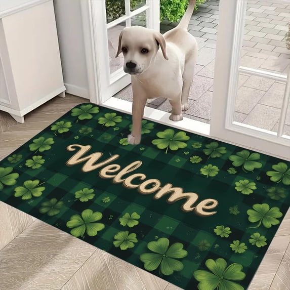 Green Golden Four-Leaf Clover Welcome Doormat, Soft Flannel Rubber Base, Indoor Outdoor Entry Mat, St. Patrick's Day Christmas Halloween Thanksgiving Decor, Hand Washable