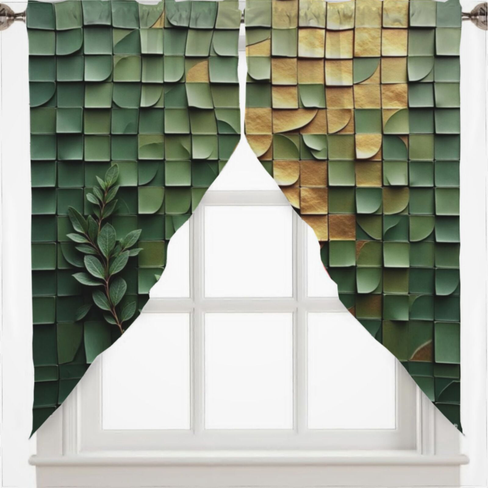 Green Golden Leaves Modern Art Swag Valances For Windows 2 Pack For ...