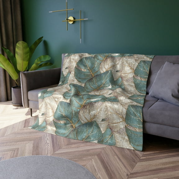 "Green & Golden Leaves" print Crushed Velvet Blanket