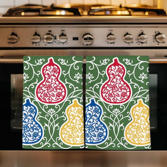 Green Gourd Kitchen Towels Set of 3, Modern Abstract Art Floral Absorbent Dish Towels for Kitchen, Microfiber Hand Towel, Quick Drying Tea Towel for Cleaning Decorative Dishcloths