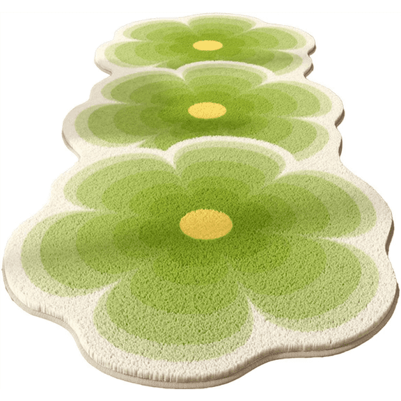 Green Gradient 3 Flower Shaped Runner Rug, Soft Fluffy Non Slip Bedroom Bedside Area Rug, Cute Floral Long Floor Mat for Home DecorStylish Aesthetic Bedside Decor Rug for Bedroom Living Room