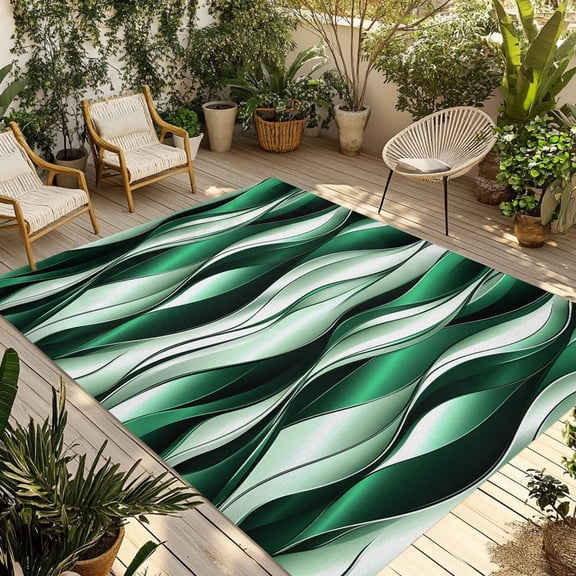Green Gradient Line Outdoor Rug, Abstract Twist Non-Slip Area Rugs Carpet Breathable Large Floor Mat for Outdoors Patio Porch Deck Beach 5’ x 8’