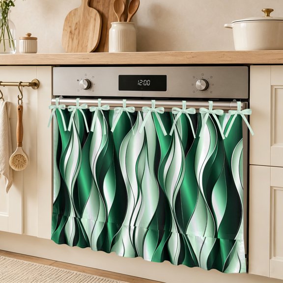 Green Gradient Line Oven Skirt Curtain, Abstract Twist Tie Top Tier Curtains Stove Dishwasher Skirt Small Window Drapes for Kitchen Bathroom Cafe 27"x20"