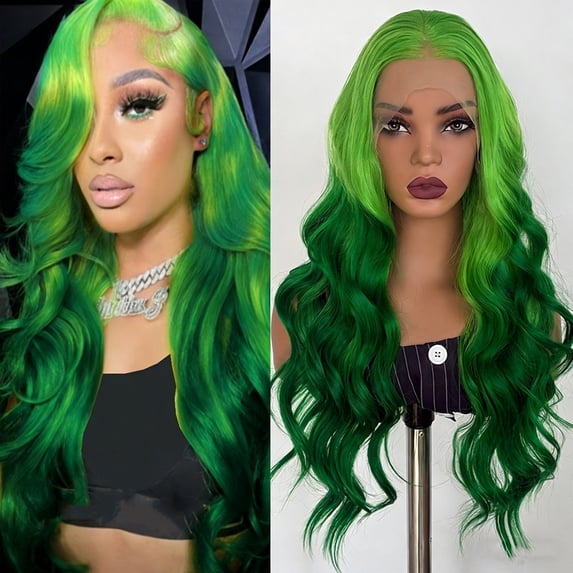 Upgraded 2026 Lace Synthetic High-temperature Silk Front Lace Wig Green Gradient Wig Large Wave Roll 26 Inches