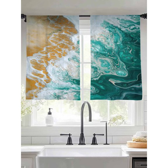 Green Gradient Sheer Curtains 45 Inches Long 2 Panels Ocean Wave Beach Abstract Modern Art Light Filtering Semi Sheer Window Curtains Drapes for Bedroom Living Room 52"x45"