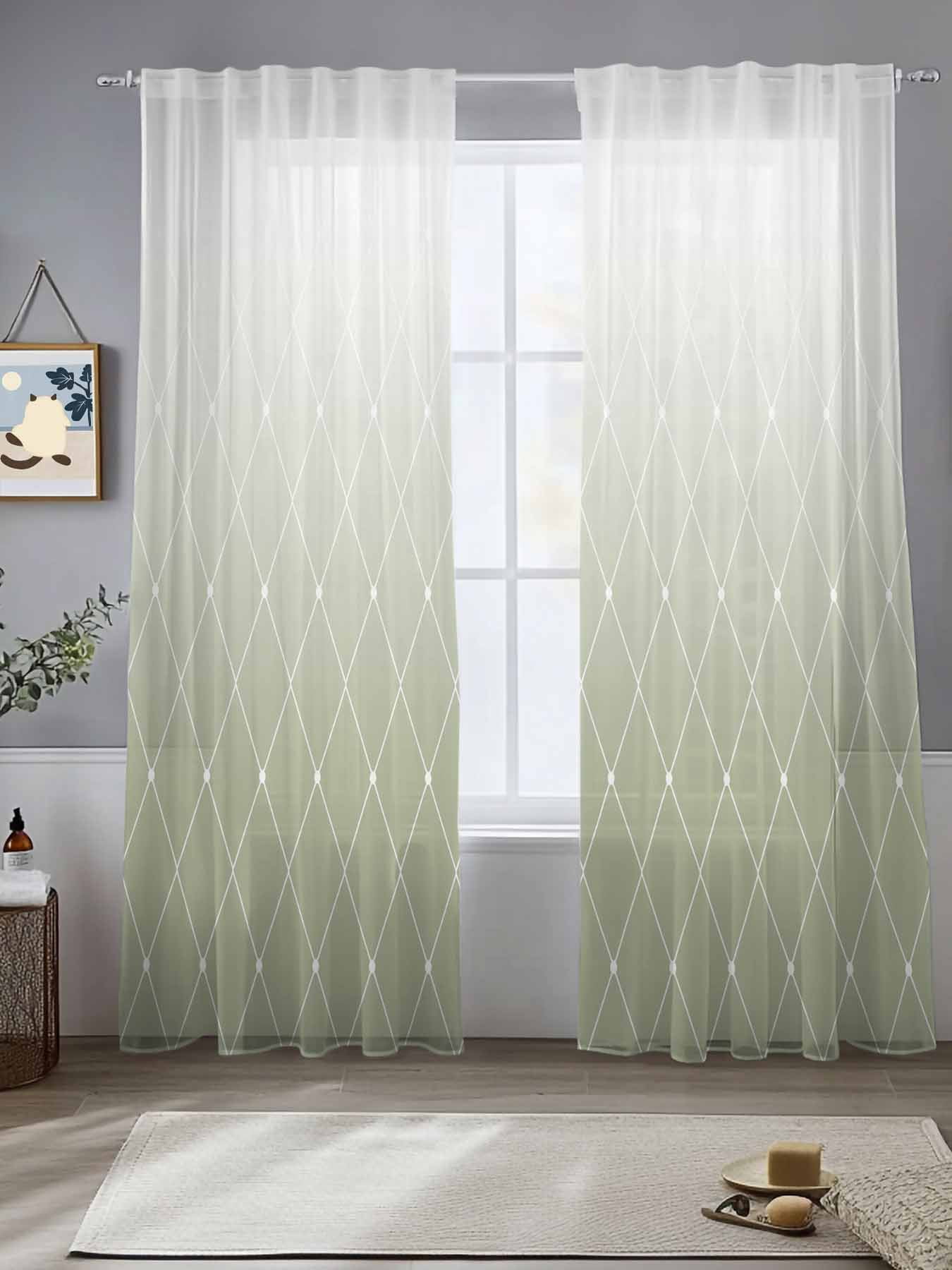 Green Gradient Texture Sheer Curtains 108 Inches Long 2 Panels Rhombus ...