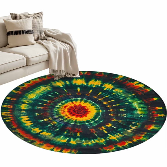 Green Gradient Tie Dye Art Round Area Rug 3ft Abstract Watercolor Dyeing Non-Slip Washable Circle Rugs Soft Felt Indoor Floor Mat for Bedroom Kitchen Living Room Bathroom