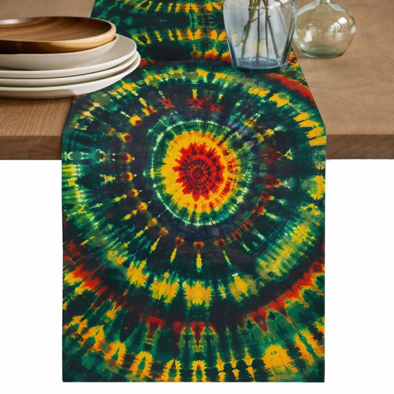 Green Gradient Tie Dye Art Table Runner, Abstract Watercolor Dyeing Cotton Linen Kitchen Table Decoration Washable Dining Tabletop Runners for Home Party Decor 13x36 Inches