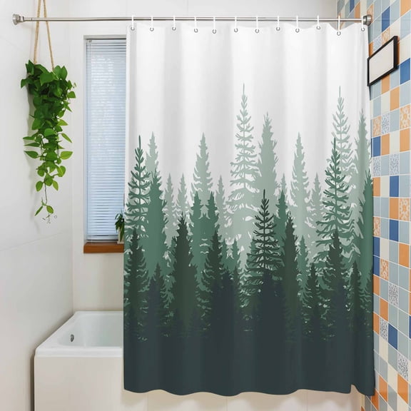 Green Gradient Tree Shadow Shower Curtain for Bathroom, Abstract Art Forest on White Waterproof Shower Curtains Washable Quick Dry with Hooks Bathtub Curtains 36x72IN