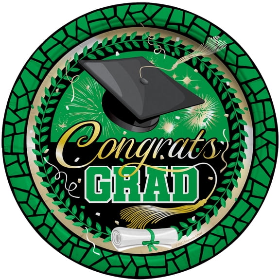 Green Graduation Plates 7in 16 Count - Green Graduation Party Supplies