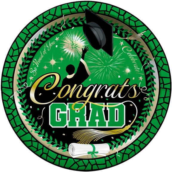 Green Graduation Plates 9in 16 Count - Green Graduation Party Supplies