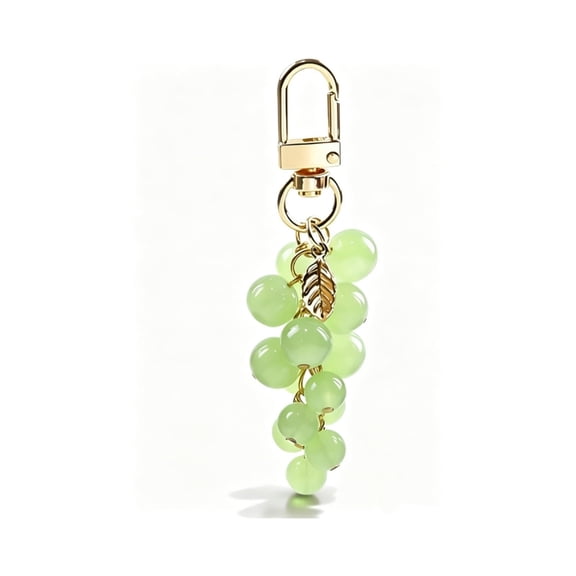 Green Grape Beaded Keychain, Light Green Jade-Like Beads Gold Leaf Charm, Bag Accessory, Gift for Daily Decoration & Fruit Lovers
