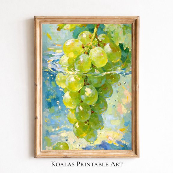 Green Grapes Wall Art, Fruit, Kitchen Decor, Vintage Still Life , Mediterranean Summer Poster, Rustic Farmhouse Print, Stretched Canvas 16x20in