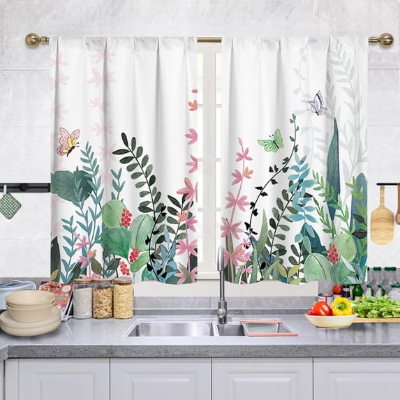Green Grass Butterflies Window Tier Curtains, 2 Panels, 39" L x 27.5" W, Kitchen Bathroom Curtains, Soft Airy Polyester