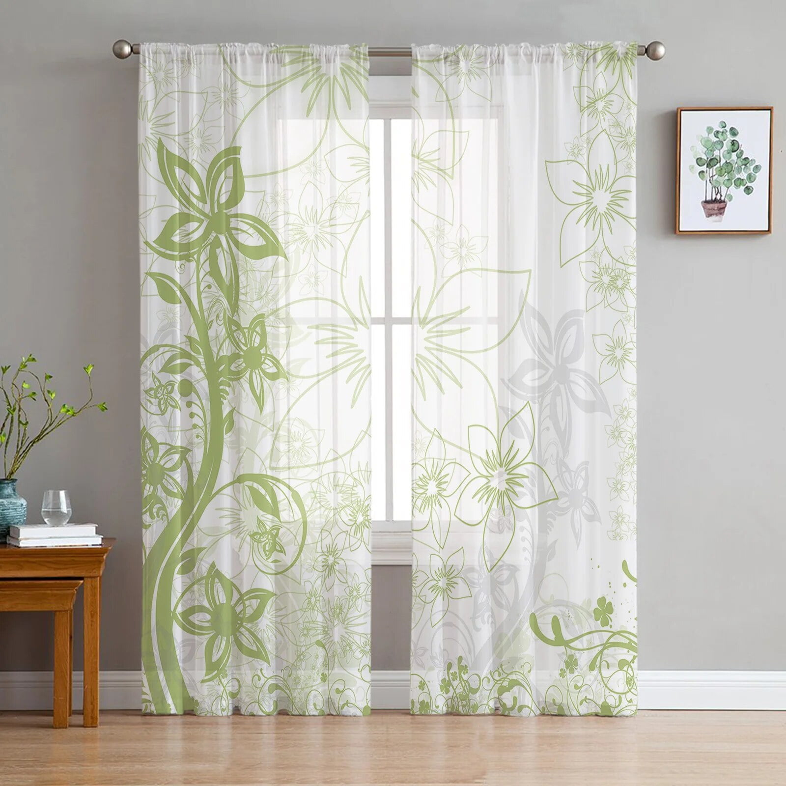 Green Grass Flower Butterfly Tulle Curtains for Living Room Bedroom