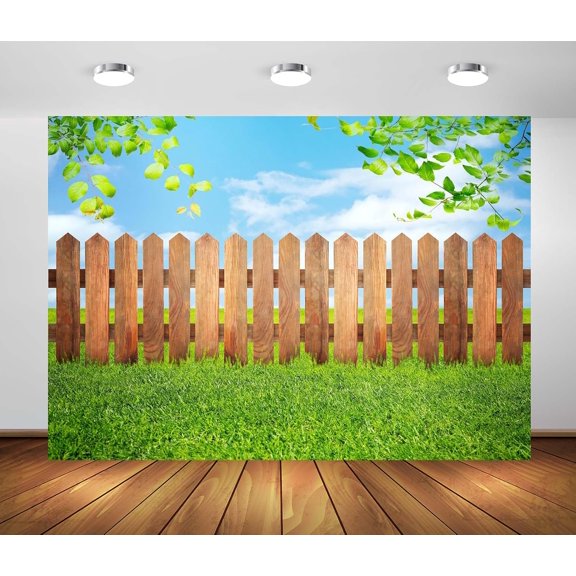 Green Grass Meadow Backdrop Backyard Garden Fence Green Lawn Blue Sky Party 3.3ft x 5ft