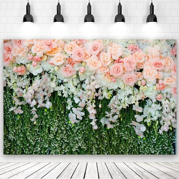Green Grass Pink Roses Flower Backdrop for Wedding Birthday Lawn Party Photography Background Bridal Shower Girls Women Portrait Decoration Banner