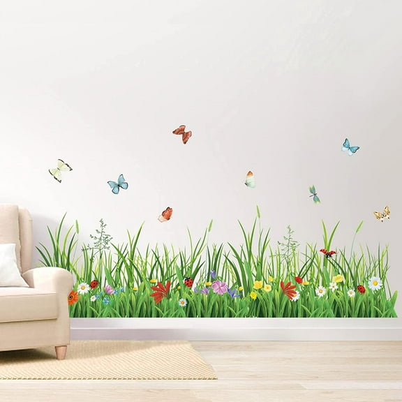 Green Grass Wall Corner Stickers Flowers Butterflies Baseboard Skirting Line Wall Decals for Bedroom Living Room (W:52 inches)