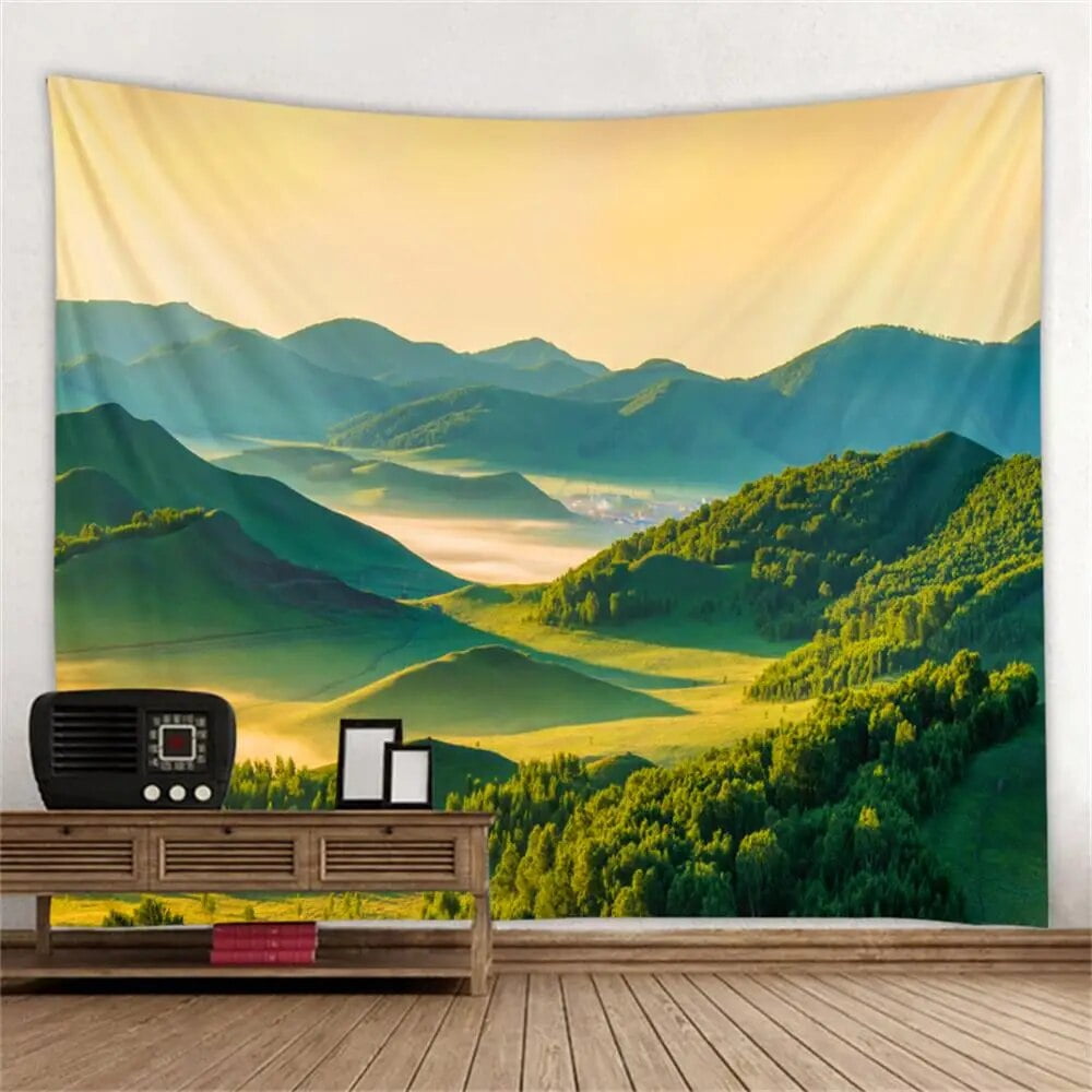 Green Grassland Tapestry Spring Forest Mountain Nature Landscape Garden