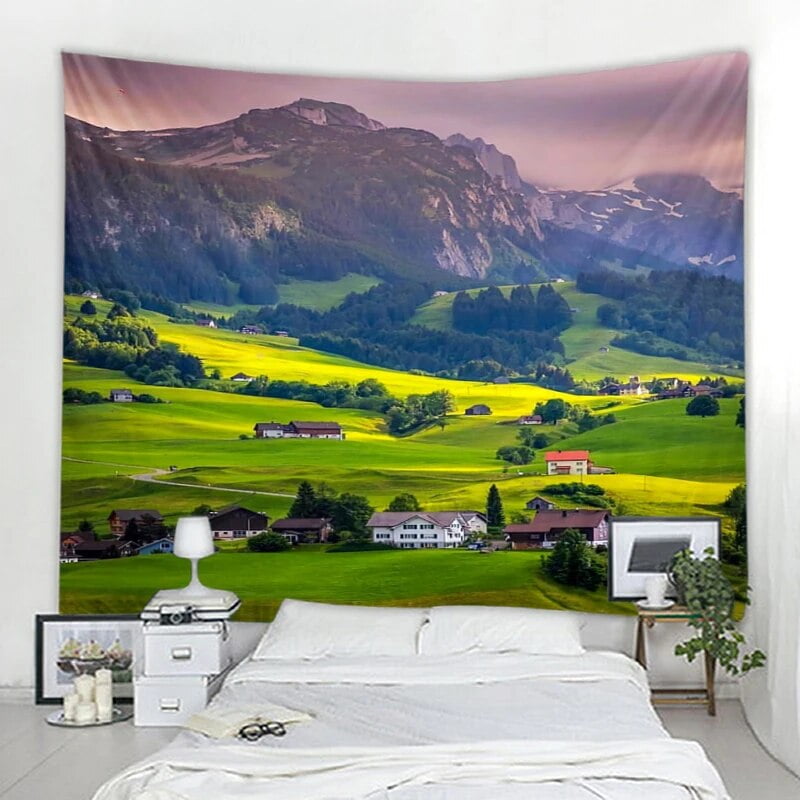 Green Grassland Tapestry Spring Forest Mountain Nature Landscape Garden