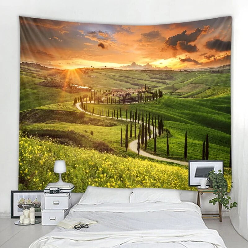 Green Grassland Tapestry Spring Forest Mountain Nature Landscape Garden