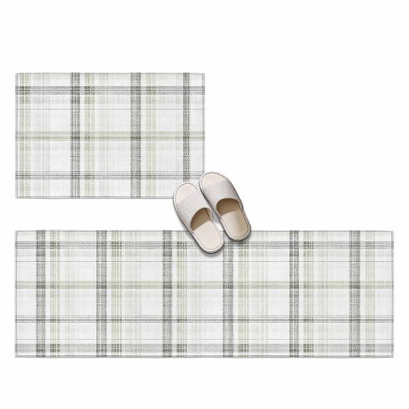Green Gray 2 Pieces Non-Slip Kitchen Mat Set, Olive Green Grid Checkered Farmhouse Modern Classic Soft Door Mat with Rubber Backing, Dirtproof Rugs for Entrance Doorway, 19.7x31.5in+19.7x47.2in