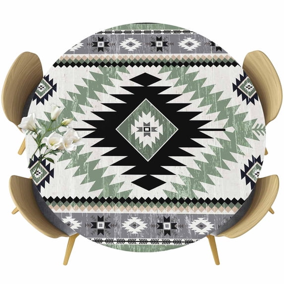 Green Gray Boho Round Tablecloth, Fitted Table Cover with Elastic for 36"-44" Round Tables, Southwestern Ethnic Abstract Geometric Table Cloth Outdoor Indoor Dinning Party Waterproof Tablecloths